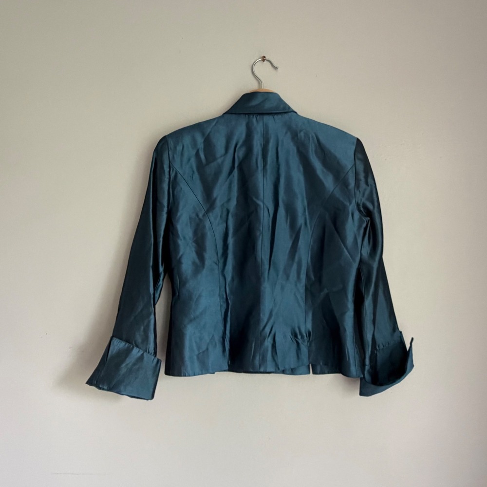 Vintage Teal Blue Iridescent Metallic Evening Jacket Shimmer Blazer Size 10 - Picture 3 of 6